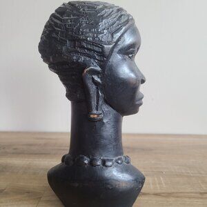 Vintage 10'' tall hand carved ebony wood African tribal head bust statue.
